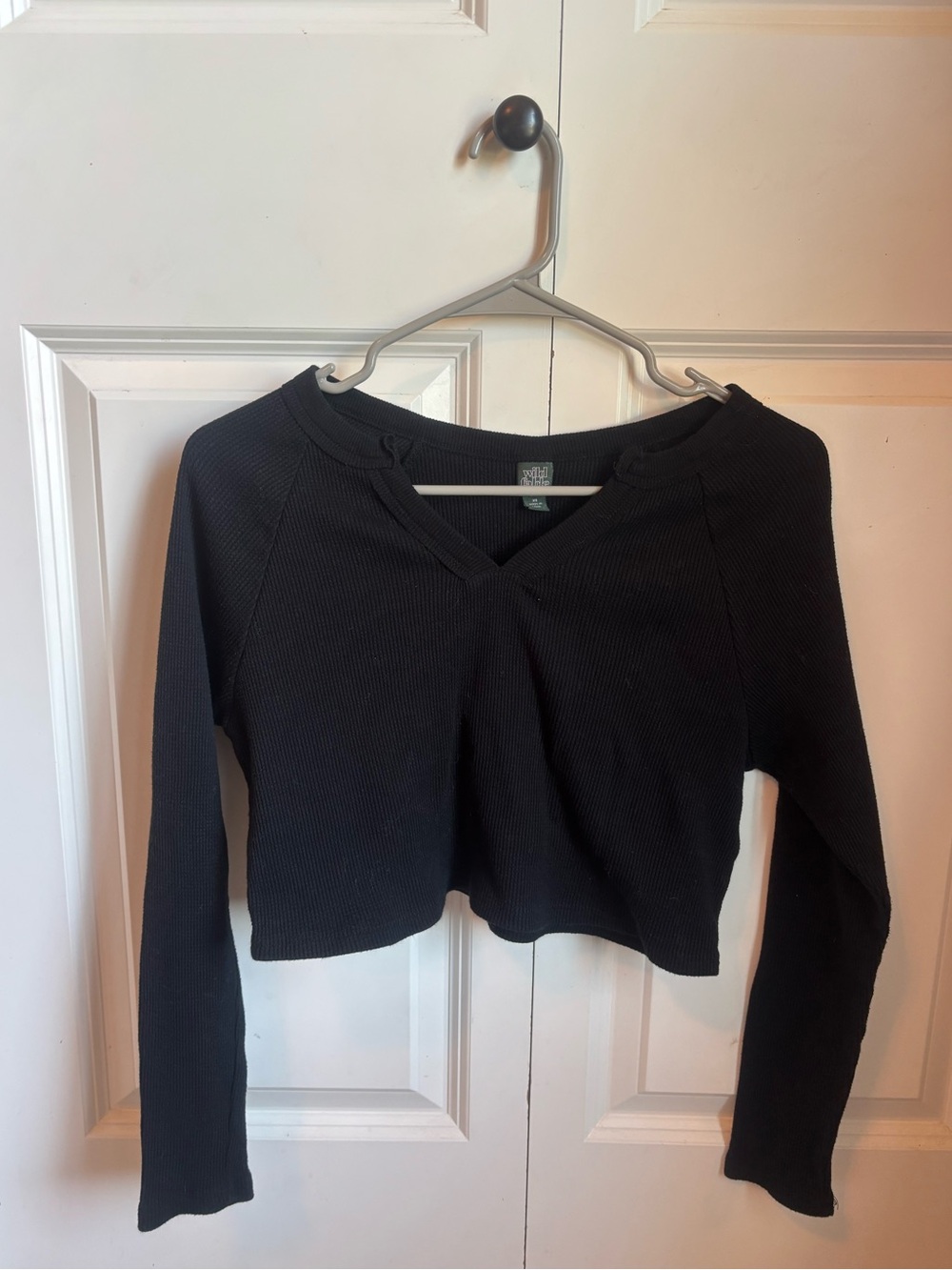 wild fable Black Ribbed V-Notch Long-Sleeve Cropped Top